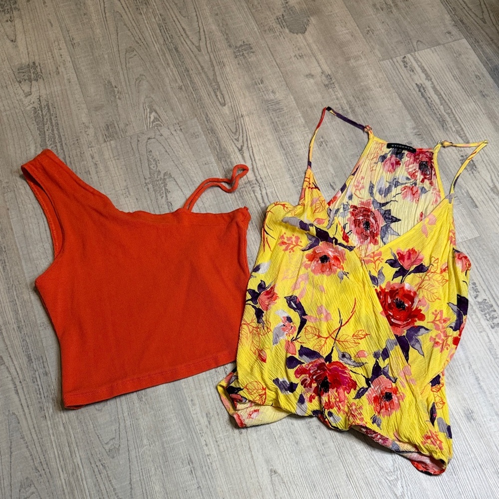 Floral Yellow and Solid Orange Women's Tops